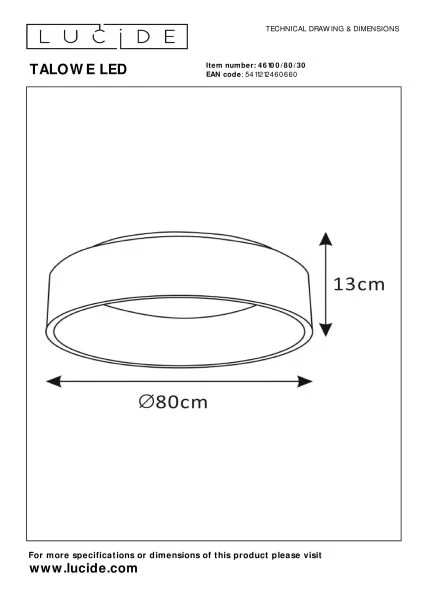 Lucide TALOWE LED - Plafonnier - Ø 80 cm - LED Dim. - 1x80W 3000K - Noir - technique